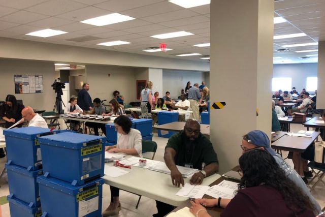 Preparations for the recount underway at the BOE’s Queens voting machine facility inside the Metro Mall in Middle Village.